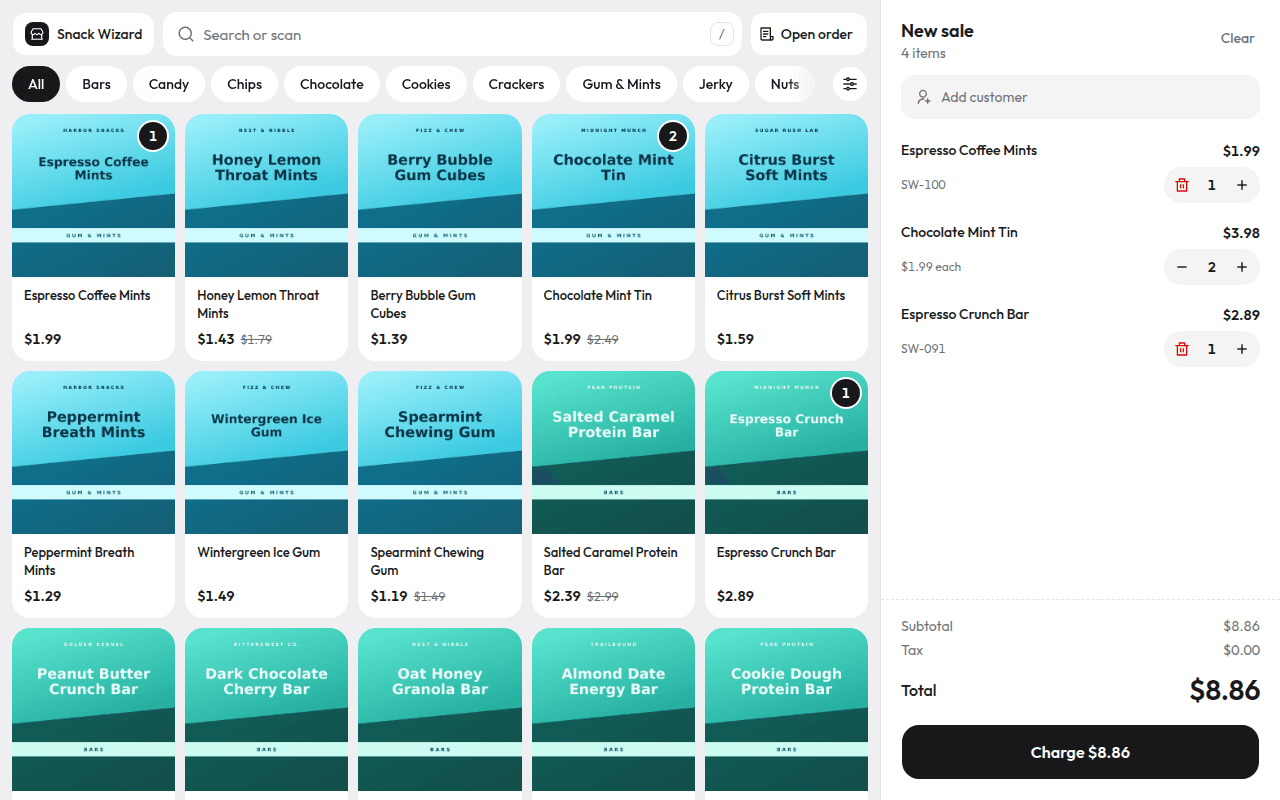 POS Wizard register with a live WooCommerce catalog and an open order